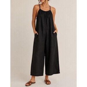 Amazhiyu 100% Linen Black Wide Leg Jumpsuit Medium Lagenlook Minimalist Coastal
